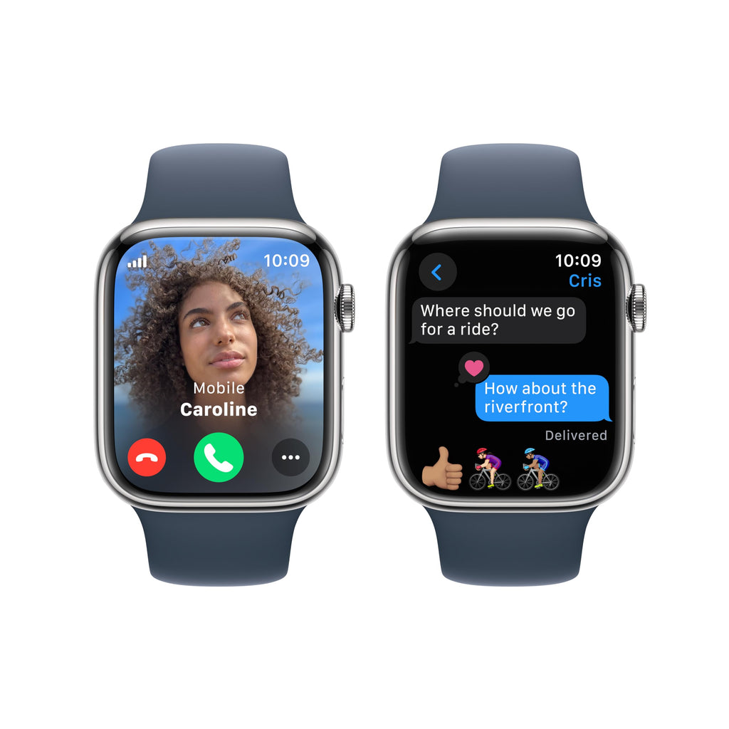 Apple Watch Series 9 GPS + Cellular 45mm Silver Stainless Case with Storm Blue Sport Band - M/L - MRMP3LL/A