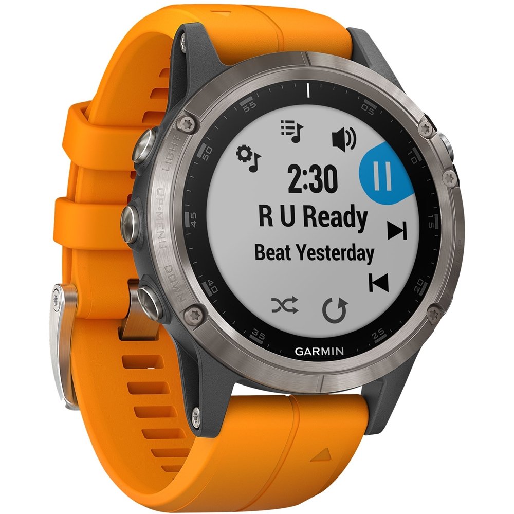 Garmin fenix 5 Plus - Multisport GPS Smartwatch, Topo Maps, Heart Rate, Music, Payment, Titanium/Orange Band - 010-01988-04