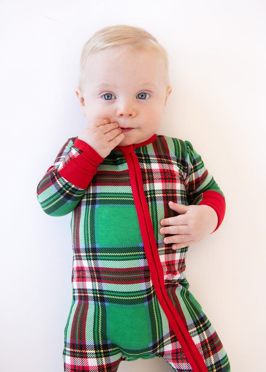 Infant Unisex Zipper Footie - Green Plaid