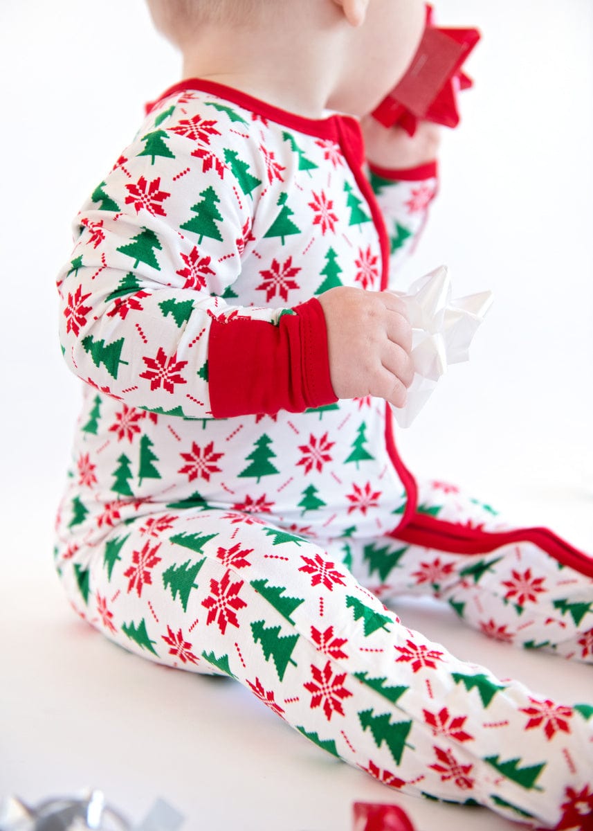 Infant Unisex Zipper Footie - Poinsettia and Tree