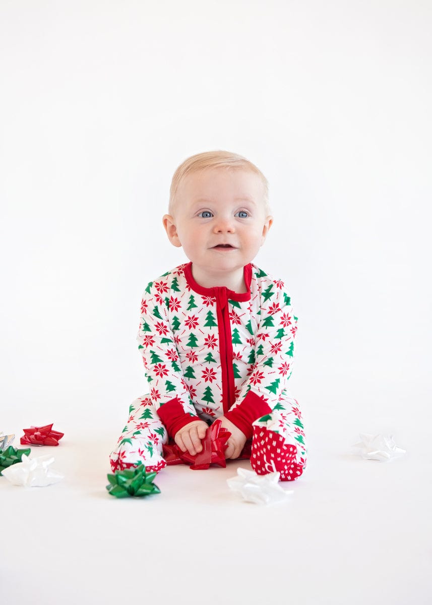 Infant Unisex Zipper Footie - Poinsettia and Tree