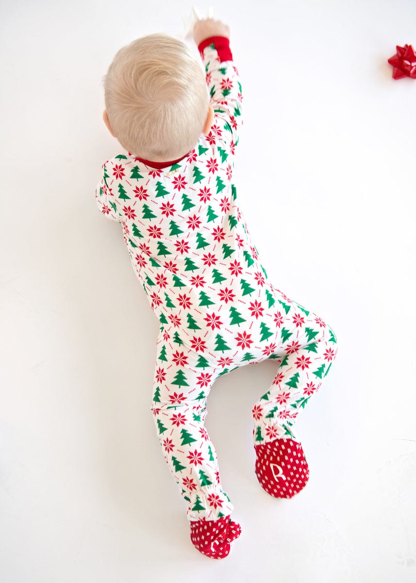 Infant Unisex Zipper Footie - Poinsettia and Tree