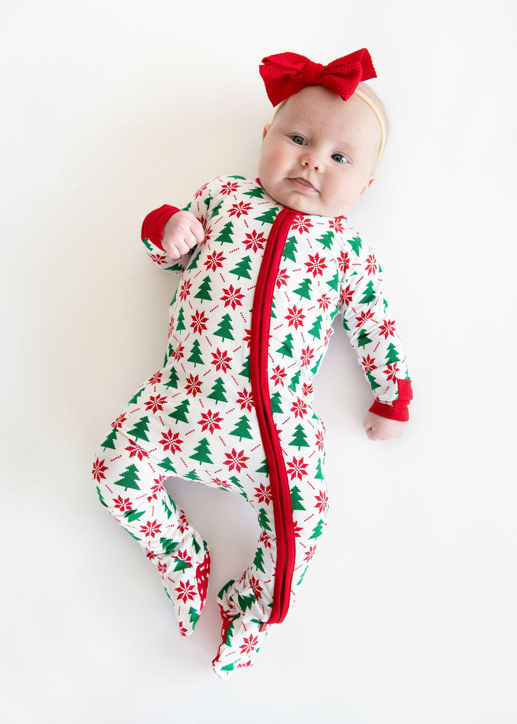 Infant Unisex Zipper Footie - Poinsettia and Tree