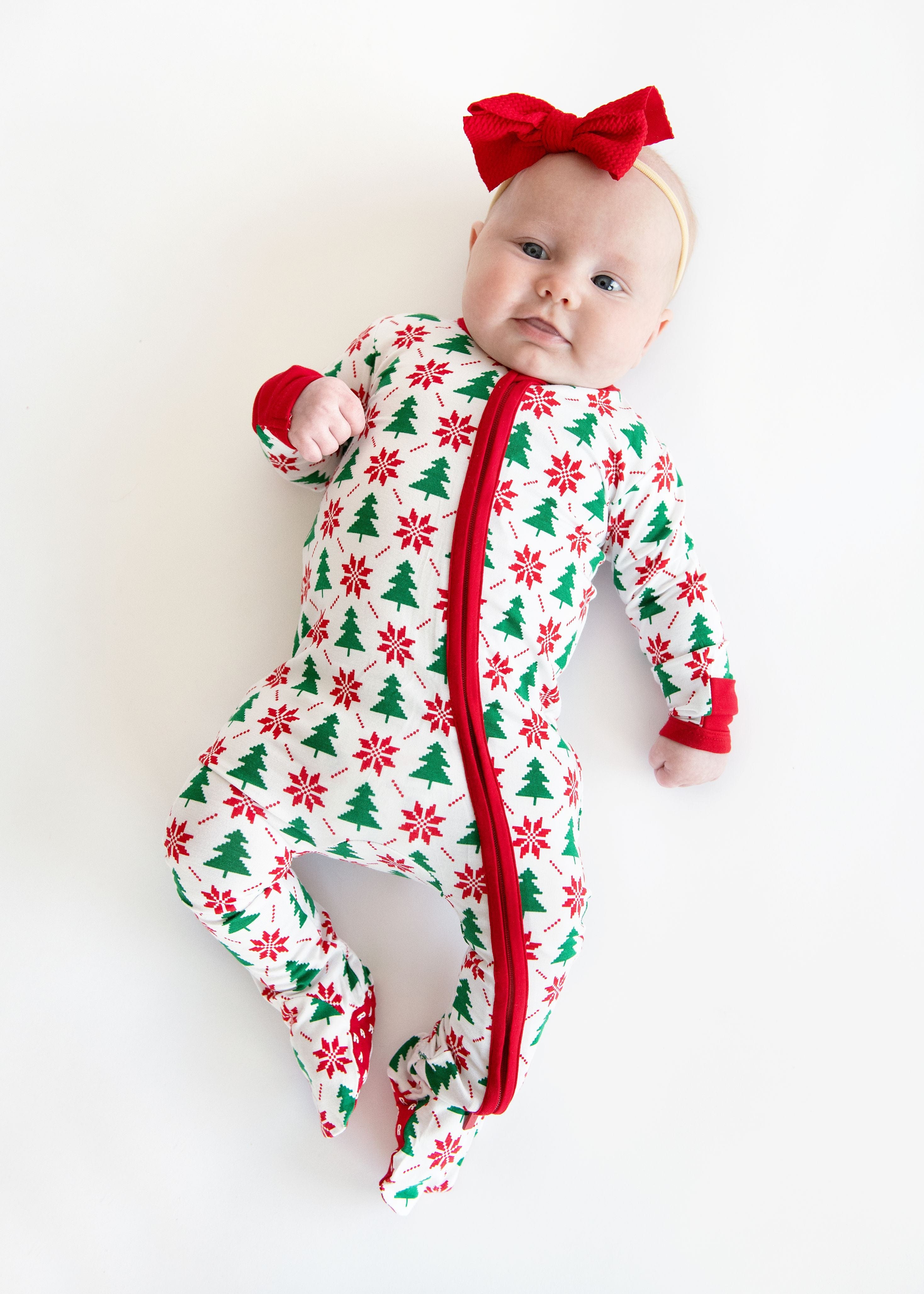 Infant Unisex Zipper Footie - Poinsettia and Tree